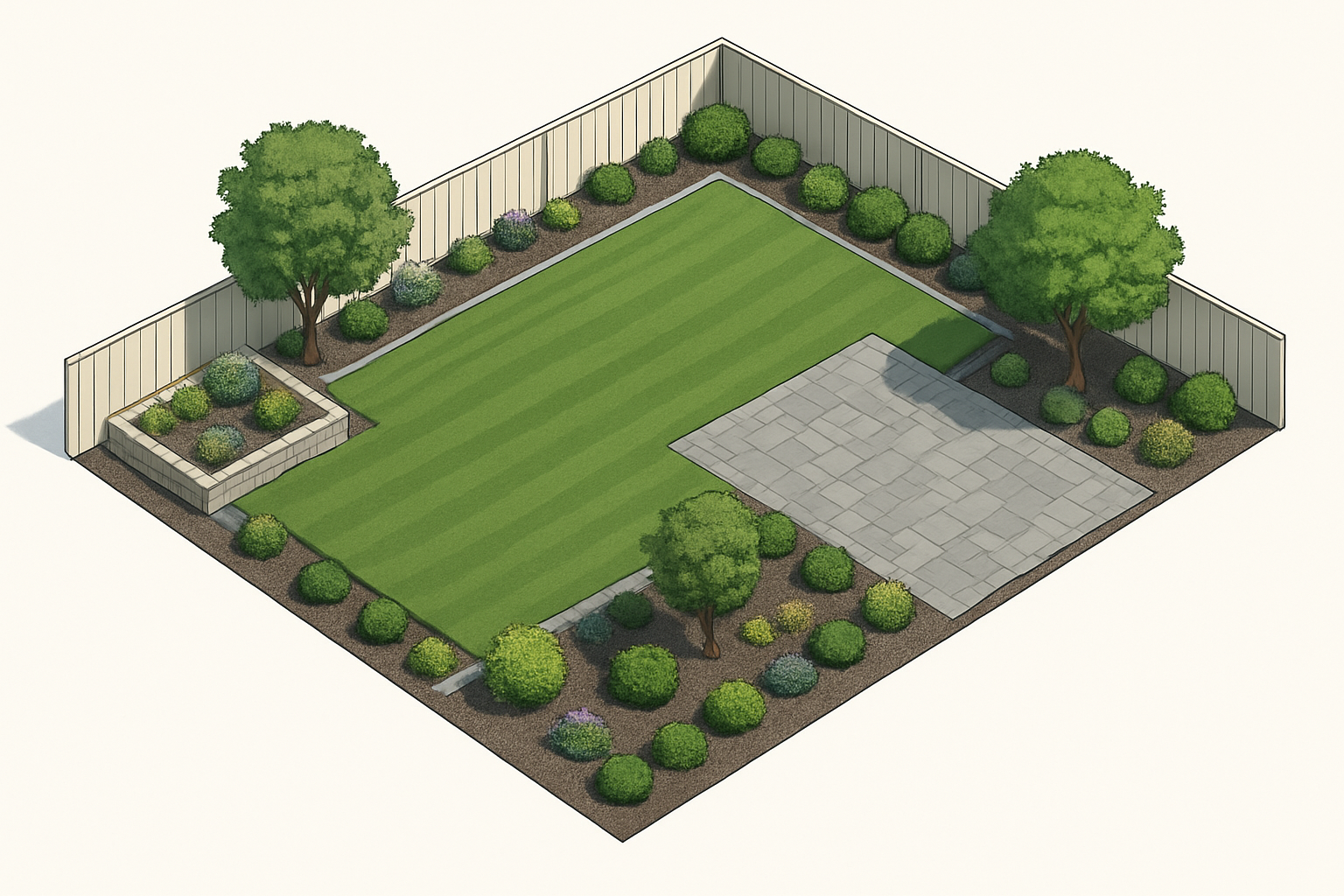 3D model rendering of a backyard landscaping project
