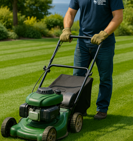 Landscaper mowing a backyard lawn