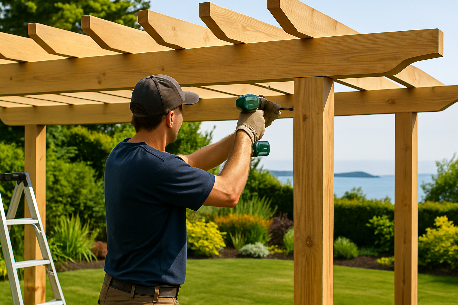 Custom wooden pergola being installed