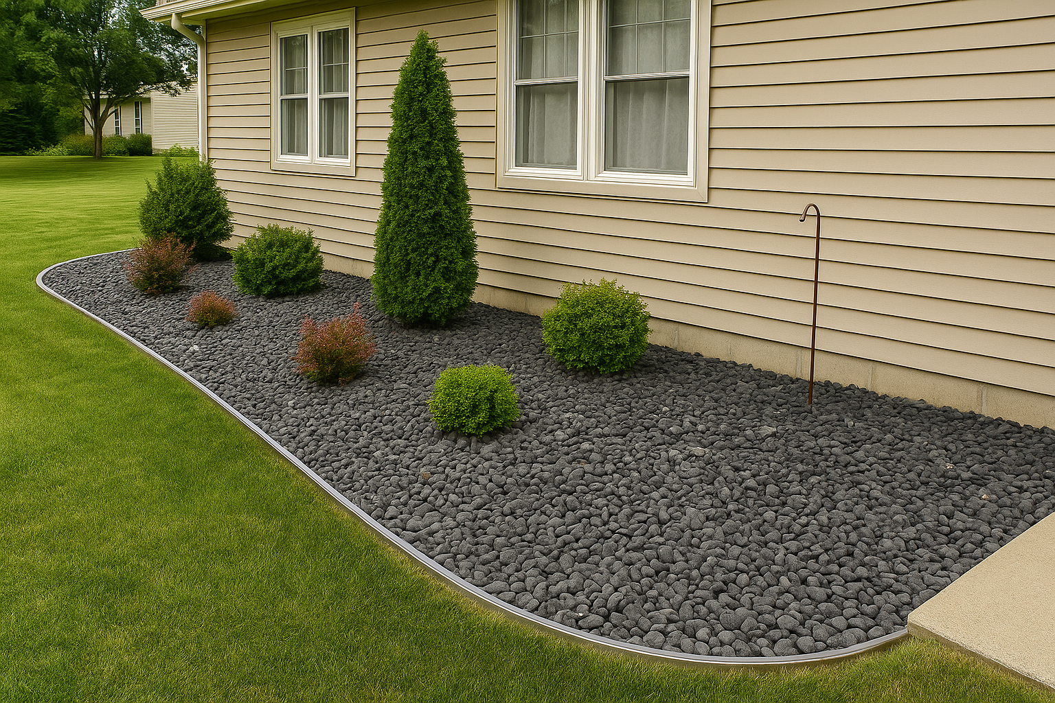 Newly installed rock bed with garden plants around a home