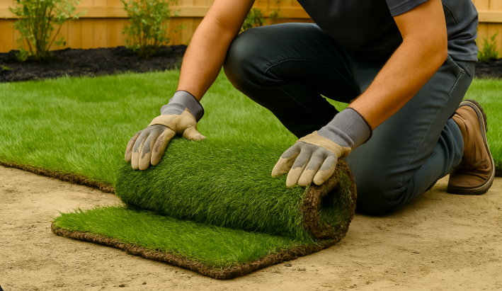 Fresh sod being installed in a backyard lawn